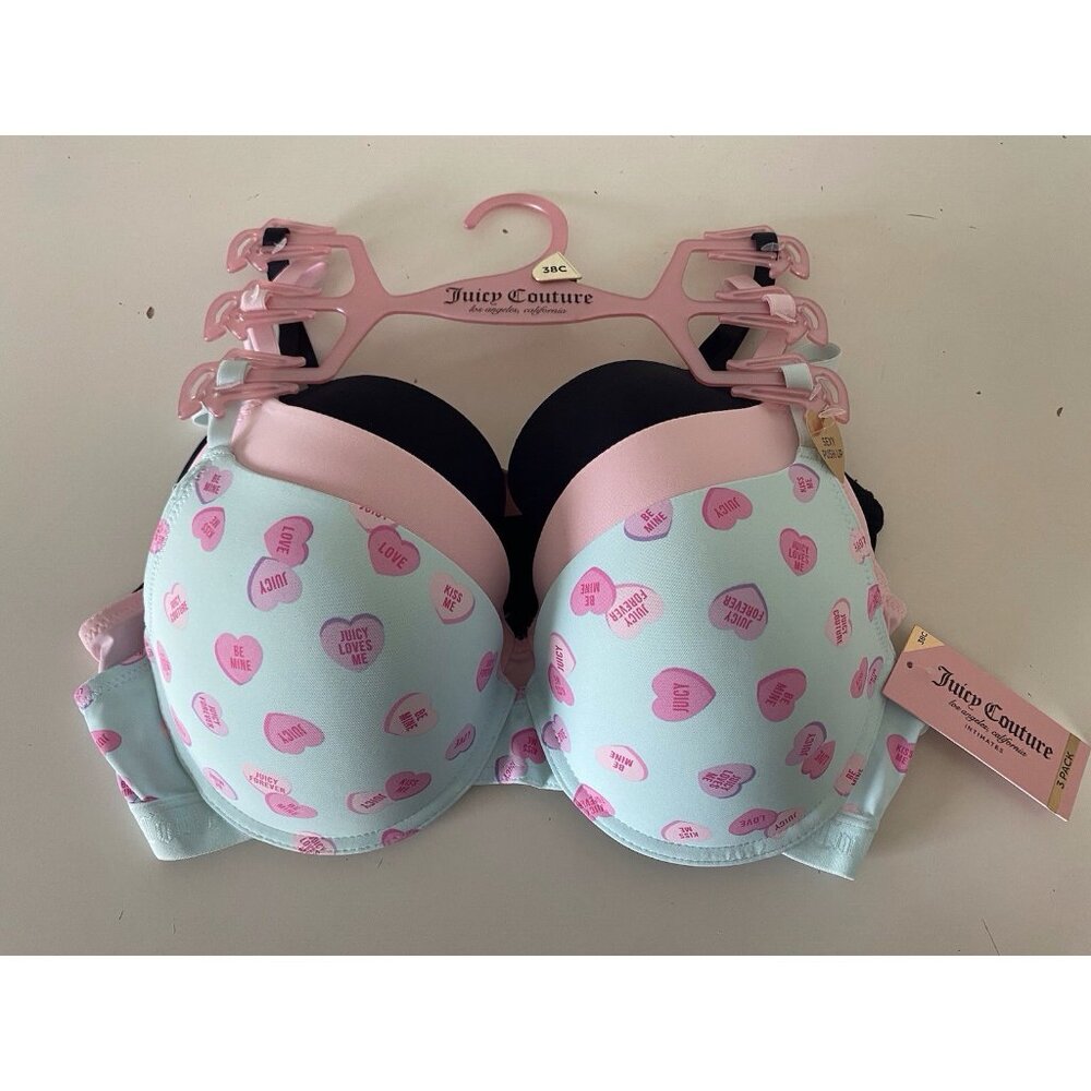 3 Pack Juicy Couture Sexy Push Up Bra Size 38C Conversation Hearts Blue Pink NEW